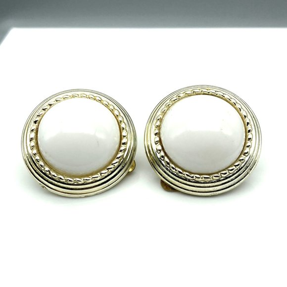 Elegant White Lucite Button Earrings with Gold Tone Frames, Vintage Chic Clip On - Picture 2 of 6